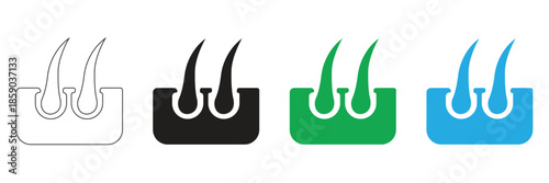 a collection of four hair follicle icons isolated on a white background in outline black green and blue representing skin health hair growth and dermatology