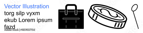 E-commerce, financial transactions, retail, online shopping, wealth, food services. Black outlined shapes of a shopping bag, coin with dollar icon and a spoon. E-commerce and financial transactions