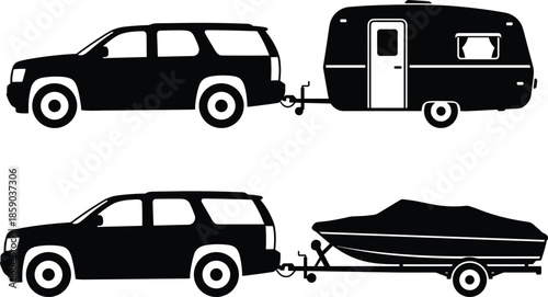 SUV towing caravan and boat trailer silhouettes black vector illustration isolated on white background travel transport camping recreation concept design
