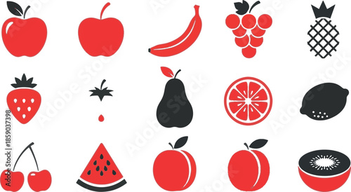 Fresh Fruit and Berry Icon Collection - Minimalist Vector Silhouette Symbols of Apple, Banana, Strawberry, and Watermelon
