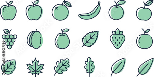 Fresh Fruits and Natural Leaves Icon Set - Minimalist Green Line Art Vector Doodles of Apple, Banana, Strawberry and Grapes