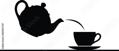 Teapot pouring tea silhouette isolated on white background, minimalist hot drink concept, tea cup illustration, kitchen beverage icon black vector