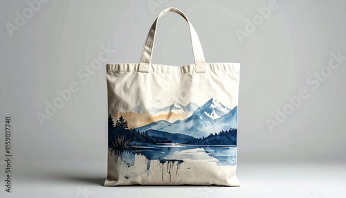Realistic Fabric Tote Bag with Printed Illustration and Detailed Ink Texture