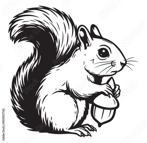 Detailed black and white illustration of a squirrel holding a large acorn carefully