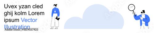 Data analysis, cloud computing, teamwork, digital technology, research processes, innovation. Two people interacting with data and cloud. Data analysis and cloud computing concept