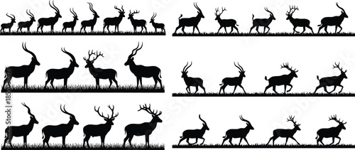 Set of reindeer herd silhouettes in various poses against a white background