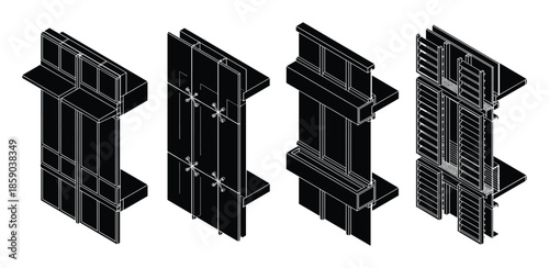 Construction of structural facade system with detailed view and isometric style