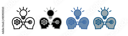 
Outline icon set of coaching and mentoring with two heads, gears, and light bulb design