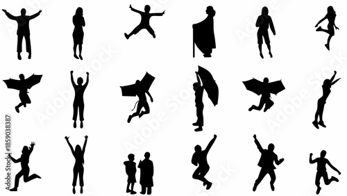 Collection of joyful people silhouettes in various dynamic poses