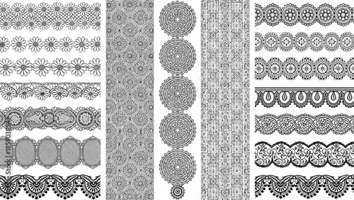 Lace border vector collection, vintage floral seamless patterns, decorative fabric trim set, black mandala embroidery design art illustration, textile graphic.