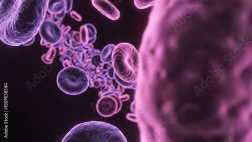 A detailed 3D animated microscopic view of purple and pink human cells flowing in a dark background