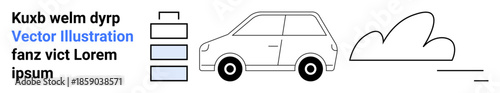 Sustainable energy, electric vehicles, charging infrastructure, eco-friendly transport, renewable resources, clean environment. Minimal car with battery icons and cloud. Electric vehicles