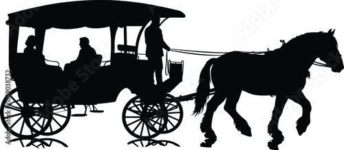 Vintage horse drawn carriage silhouette with passengers and driver isolated on white background, classic transportation illustration, retro travel concept artwork