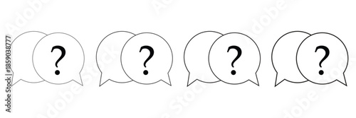 Multiple variants of black outline question mark icons within speech bubbles, perfect for representing questions, help, inquiries, and support, isolated on transparent background.