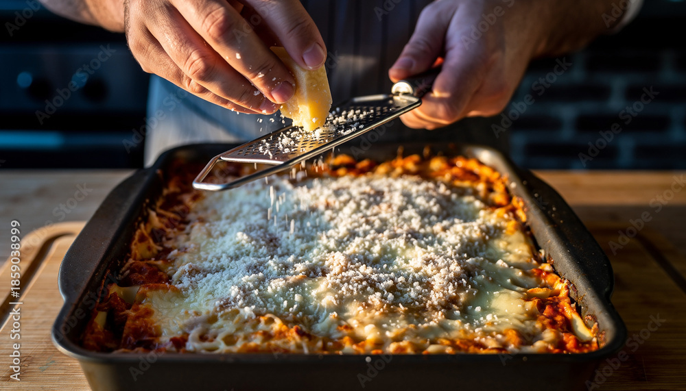 Obraz premium Crafting a comforting classic Expert hands grating savory cheese atop a hearty, oven-baked pasta casserole for dinner