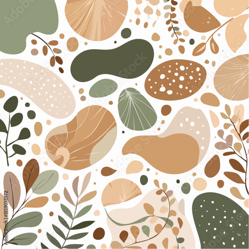 A vibrant and peaceful illustration of various leaves and shapes in earthy tones on a white background