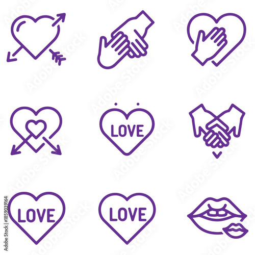 Collection of purple icons depicting love hands hearts and lips perfect for Valentines Day designs and romantic themes