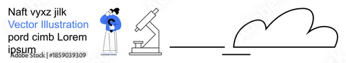 Science, technology, education, cloud computing, innovation, research. Female scientist observing through a microscope and a cloud icon. Science and technology highlighted