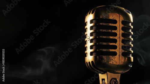 A vintage gold microphone standing alone on a stand against a dark background with smoke or fog swirling around it