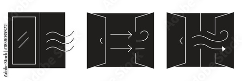 Clean line art icon set depicting various ventilation principles, fresh air influx, air exhaust, and optimal indoor air circulation through windows and open doorways.