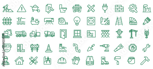 Construction icon set. Containing labor, crane, engineering, equipment, helmet, tool, builder, labour day, renovation architecture, plumbing and more. Editable line icons. Vector illustration.