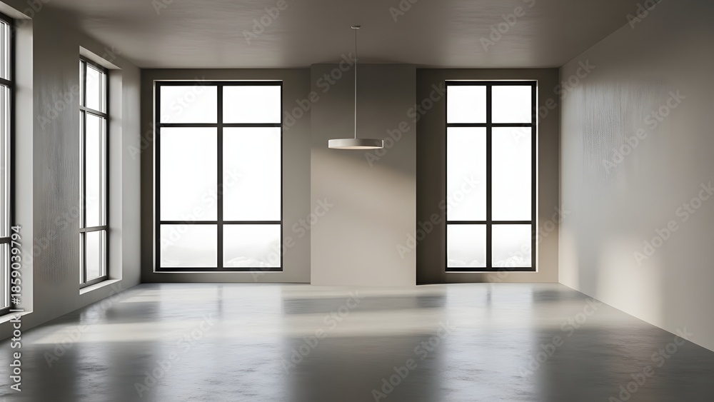 Fototapeta premium an empty and bright living room with large windows and clean floor and painted walls 