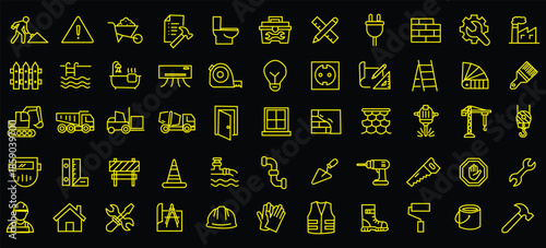 Construction icon set. Containing labor, crane, engineering, equipment, helmet, tool, builder, labour day, renovation architecture, plumbing and more. Editable line icons. Vector illustration.