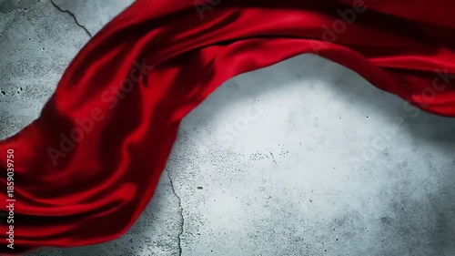 Red silk fabric flowing on cracked concrete floor with shadows