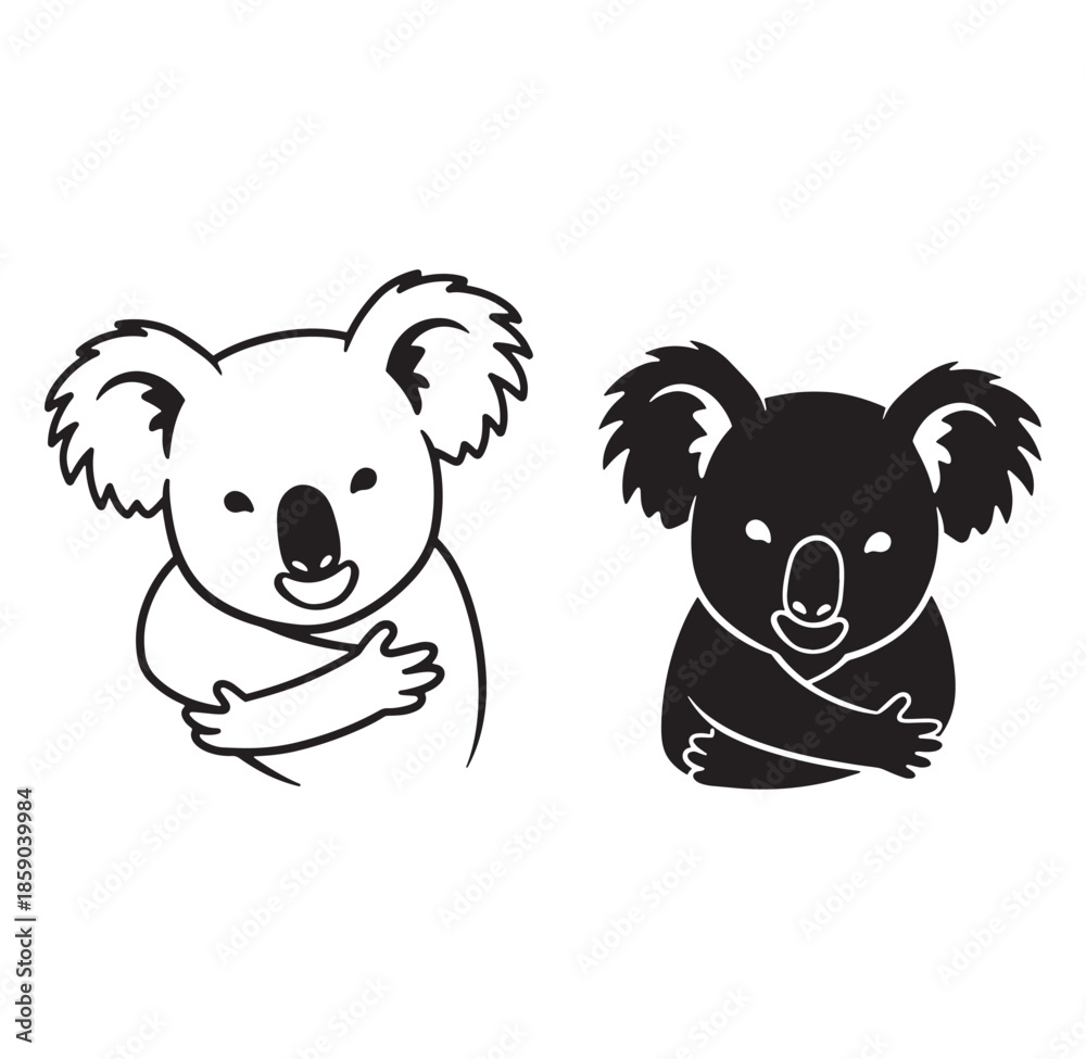 Obraz premium Simple vector illustration of two cute koala bears in outlined black and white design