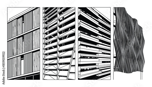 Set of four different black and white building construction exterior vector silhouette graphic design