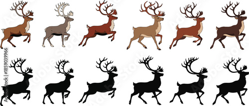 Set of running reindeer silhouettes and illustrations in various colors