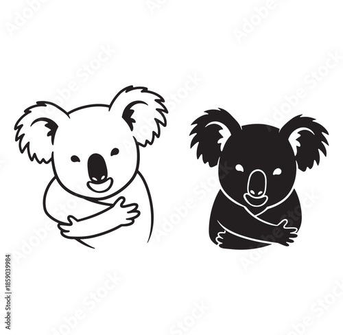 Simple vector illustration of two cute koala bears in outlined black and white design