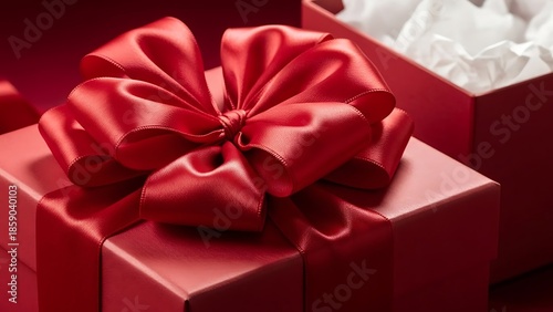 Celebrating Happy Valentine's Day with a Luxurious Gift Box Adorned with a Beautiful Red Ribbon