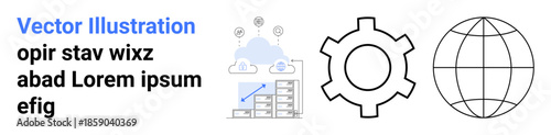 Cloud analytics diagram with upward graph, gear representing innovation, and global network symbolizing worldwide connections. Ideal for tech, innovation, globalization, data science, business