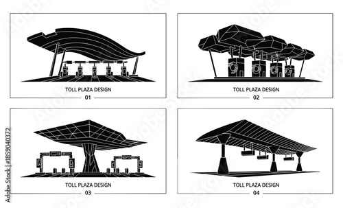 Toll plaza design vector illustration with multiple roof styles and structure elements