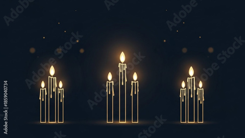 Golden line art of multiple lit candles in a dark room with bokeh lights