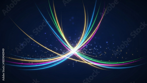 Vibrant multicolored light trails intersecting with bright central glow on dark blue