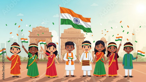 Diverse group of children celebrating indian independence day with flags and confetti