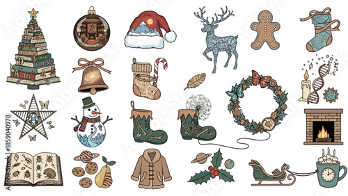 Collection of Christmas and Winter Themed Objects and Symbols.