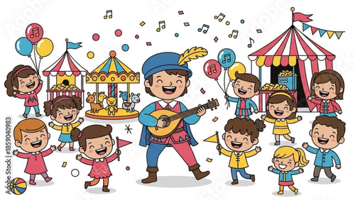Children playing at a colorful carnival with a musician and merry go round rides