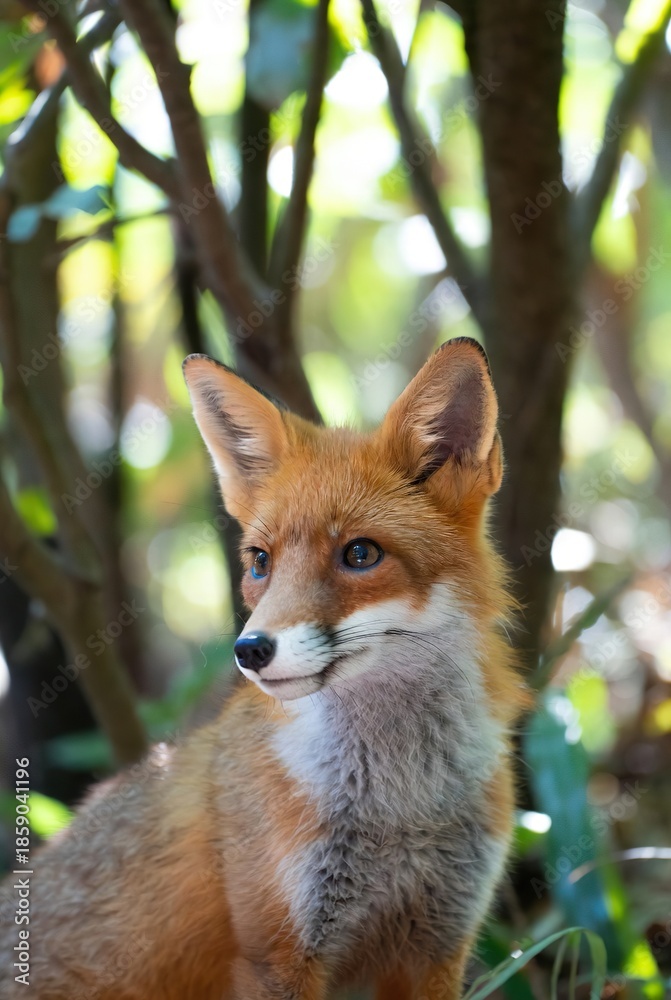 Fototapeta premium Close-up of a red fox with bright eyes looking left in blurred green forest
