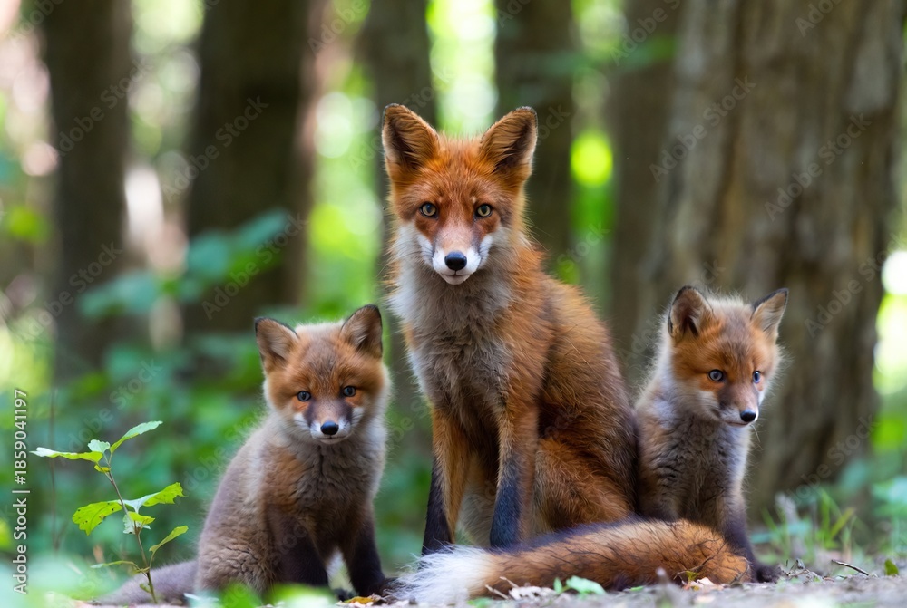 Fototapeta premium Red fox mother and her two adorable kits rest attentively in a lush forest
