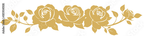 Elegant golden rose floral illustration forming a decorative horizontal border with blooming roses and leaves, isolated on a white background. Ideal for wedding, luxury, and romantic designs.