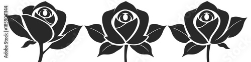 Set of three stylized black rose flowers with leaves arranged horizontally isolated on a white background symbolizing elegance romance and floral design.