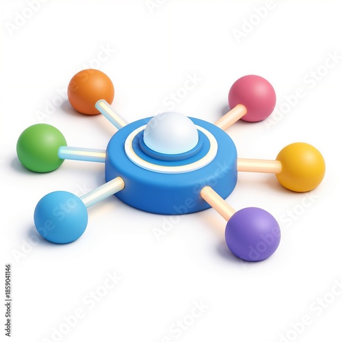 3D isometric illustration of central hub connected to colorful spheres in blue orange and green colors representing network structure and diversity concept with copy space