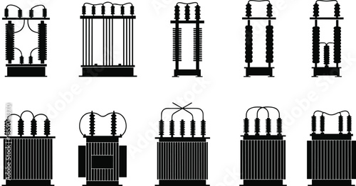 Set of twelve transformer silhouettes, vector electrical transformer icons, substation equipment silhouettes, industrial power transformer designs, cooling fins and insulators, layouts, profiles