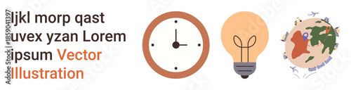 Time management, innovation, global connectivity, productivity, creative thinking, conceptual ideas. Clock, light bulb globe with arrows. Time management and innovation concept