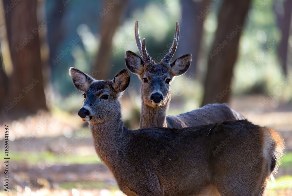 Fototapeta premium Pair of deer, a young buck with growing antlers and a companion, in forest