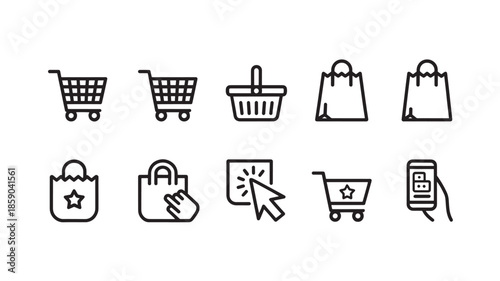 E-commerce icons set in minimalist line art style with black outline on white background for web design