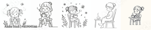 vector of a little girl sitting on chair relaxed enjoying coffee